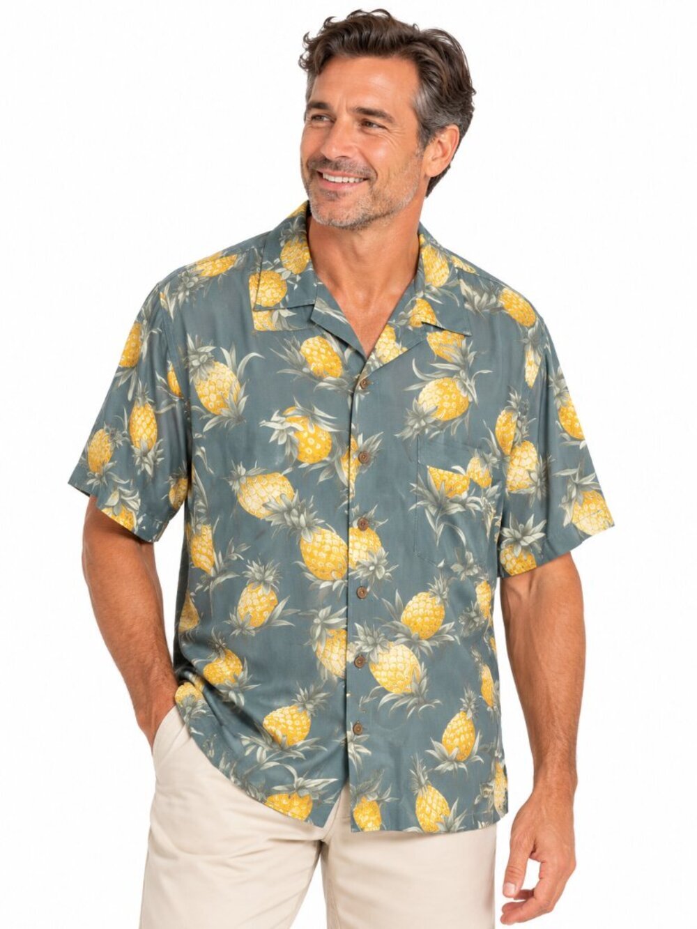 Tommy Bahama Mens L Pineapple Hawaiian Camp Shirt Green Yellow Rayon